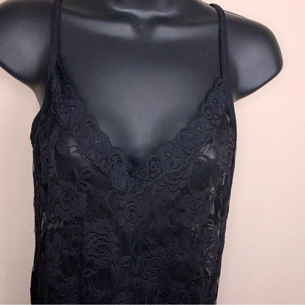Vintage Small Black Lace Chemise Dress Sheer Retro 90s Era Goth Pinup Glam Vneck